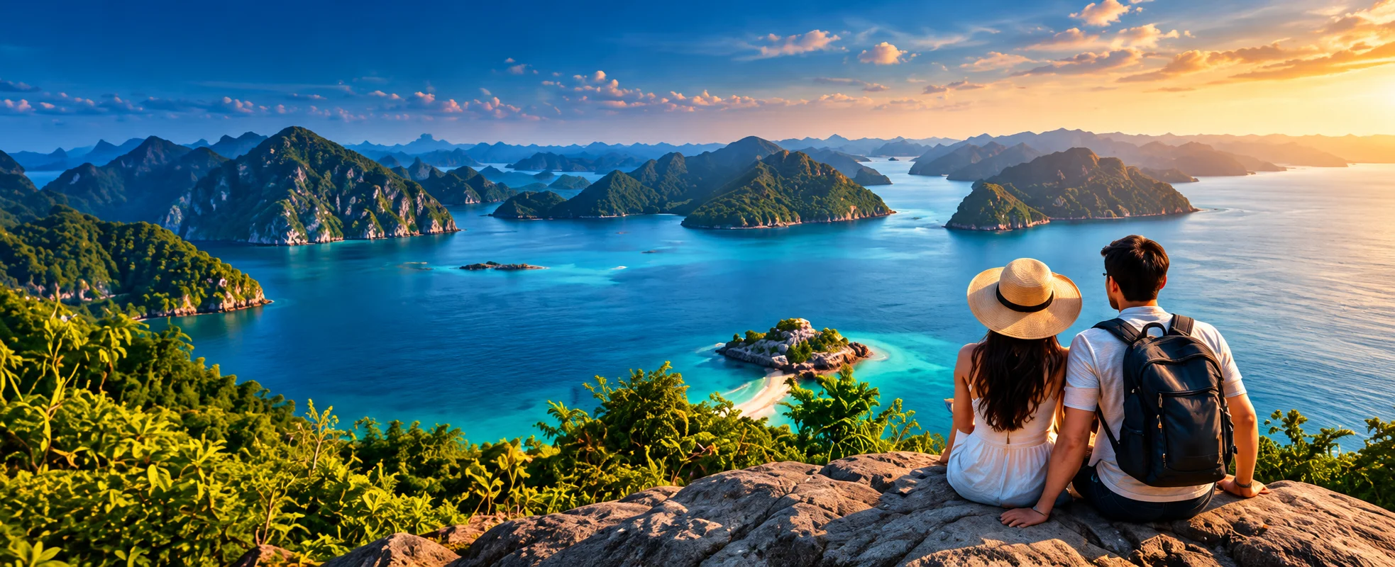 Couple overlooking tropical islands and turquoise sea during a scenic holiday tour