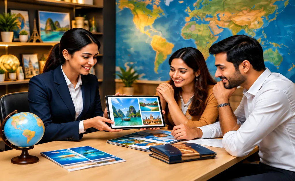 Personalized Holiday Planning with Travel Experts Travel consultant helping a couple choose customized holiday packages and international destinations